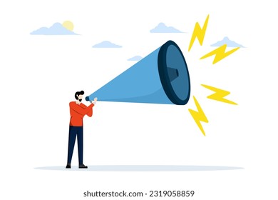 Business shouting, promotion concept announcement, speaking loud to communicate with colleagues or attract attention, confident businessman using megaphone speaking loud to be heard in public.