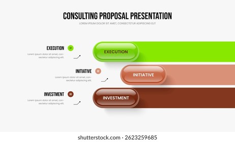 Business Showcase Presentation Template Vector Illustration. Product Innovation 3 Step Infographic Slideshow Layout. Professional Briefing Three Option Diagram Slide Design.