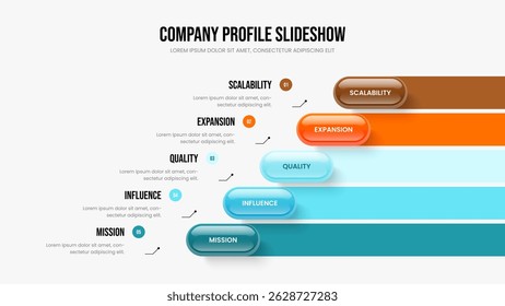 Business Showcase Presentation Template Vector Illustration. Modern Campaign Five Option Diagram Frame Design. Consulting Overview 5 Step Infographic Slide Layout.