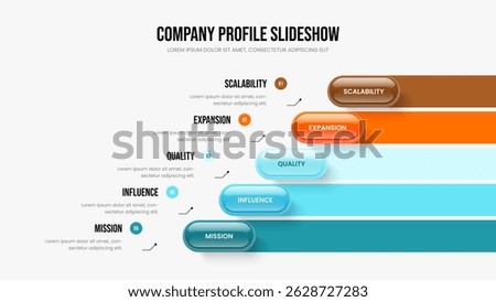 Business Showcase Presentation Template Vector Illustration. Modern Campaign Five Option Diagram Frame Design. Consulting Overview 5 Step Infographic Slide Layout.