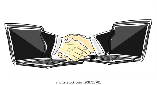 business, shown by handshake between two people from inside the laptop.