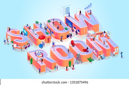 Business Showroom Promotion Typography Banner. Studio Reception Exposition For Portfolio Event. Advertising Area Design. Showroom Boutique Space Motivation Isometric 3d Vector Illustration