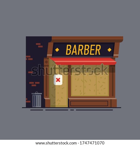 Business shutdown concept vector illustration with local barber shop closed and emptied due to lockdown. Abandoned shop with boarded up windows