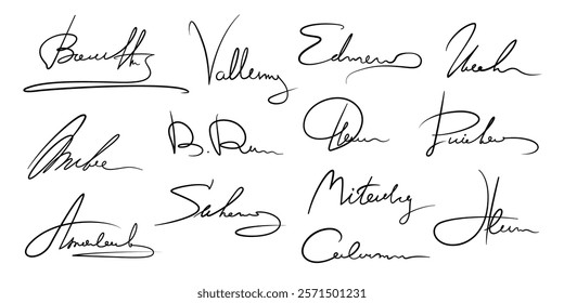 Business signature and autograph pack set of handwritten facsimile, isolated vector. Business signatures set with Name or Surname letters, personal autograph handwriting and facsimile fake examples