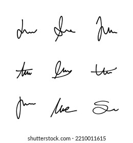 Business signature set vector collection. Handwritten scribbled personal signature pack. Set of imaginary signatures.