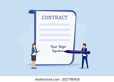 Business signature vector concept. Businessman writes a signature on a contract document