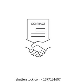 Business signing a contract icon. Handshake with document Business concept. Vector isolated line illustration.