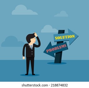 Business with signpost with two directions with the text "solution "problems"  