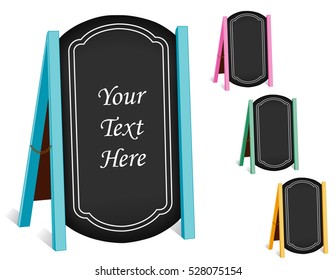 Business Signs, chalk board folding sidewalk easels with brass chains, pastel frames, blackboard background with copy space. EPS8 compatible.