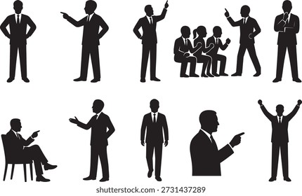 Business silhouette vector set featuring corporate leaders, speakers and executives in presentation, pointing, walking, thinking and motivational poses. Professional business men silhouettes isolated on white background, illustrating leadership, communication, success and corporate training concepts. Clean black flat vector design suitable for presentations, infographics, websites, marketing materials, apps and editorial use.