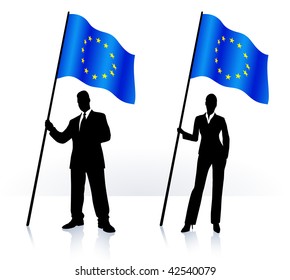 Business silhouettes with waving flag of European Union Original Vector Illustration AI8 compatible