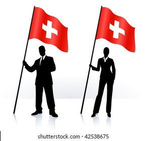 Business silhouettes with waving flag of switzerland Original Vector Illustration AI8 compatible