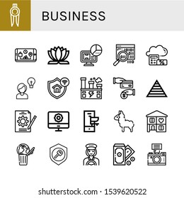 business simple icons set. Contains such icons as Marker, Phone, Lotus flower, Statistics, Binary code, Cloud, Idea, Protection, Factory, can be used for web, mobile and logo