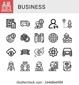 business simple icons set. Contains such icons as Jury, Abacus, Van, Accounting, hours delivery, Location, Bitcoin, Carpet, Drawers, Worldwide, can be used for web, mobile and logo