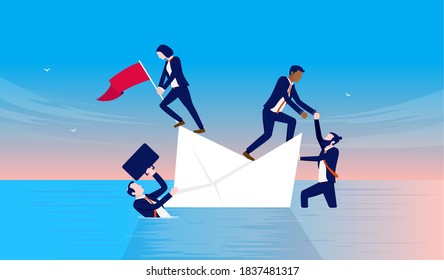 Business sinking ship - Businesspeople in a sinking boat trying to rescue them self. Bankruptcy, failure and crisis concept. Vector illustration.