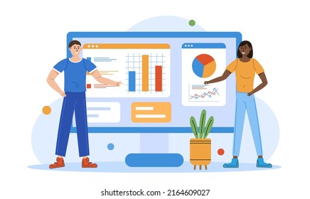 Business site, search engine optimization. Online business analytics. People work with customer statistic. Vector illustration