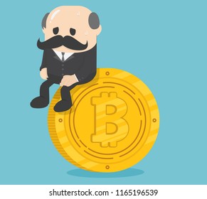 Business sitting on coins bitcoin, critical bitcoin depressing