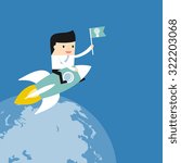 Business situation. Businessman flying on a rocket around the Earth. Holding the flag with the symbol of an idea. The new idea leads to success. Vector illustration.