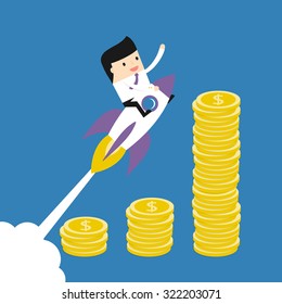 Business situation. Businessman flying on a rocket. The concept of a successful business and a big profit. Vector illustration.