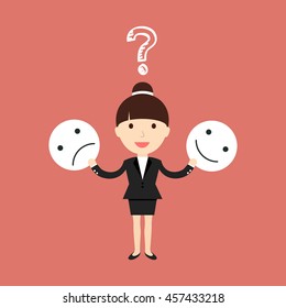Business situation. Businessman trying joyful and sad mask. Vector illustration.