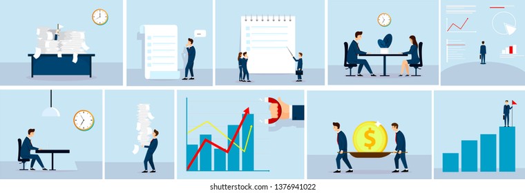Business  situation concept , business people at work.Paper work. Fan illustration. Graphics , talking, make money, Vector
