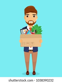 Business situation. The new employee holds a box with his belongings. Job change. Professional worker. In flat style. Cartoon.