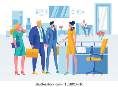 Business Situation at Reception in Hallway Flat Illustration. Vector Businesspeople in Formal Suits Talking with Administrator. Businesswoman Having Call. Negotiation and Appointment Cartoon