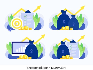 Business situation set. Business plan, target, money, graph, investment, report, financial growth. Trendy flat style. Vector illustration