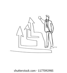 business situation - standing businessman presenting rising diagram in continuous line drawing style, thin linear vector illustration