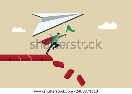 Business or situational intelligence, solutions to crises, survival during crises, courage or taking risks to achieve a goal, businessman jumping and flying from a collapsing bridge