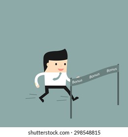 Business situation.Businessman running to the finish line first. Vector illustration.