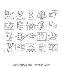 Business Situations Collection Icons Set Vector. Business Strategy And Presentation, Employee Search And Contract Signing, Coffee Break And Deadline Black Contour Illustrations