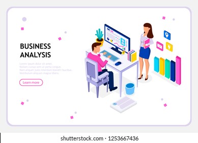 Business situations. Concept of working in office. Business man and woman discussing target. Usable for template of landing page. Isometric vector illustration.