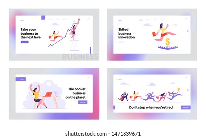 Business Situations Office Employees Website Landing Page Set. Financial Risks Woman Jump over Trap, Climbing Up with Graph, Workers Competition Race Web Page Banner. Cartoon Flat Vector Illustration