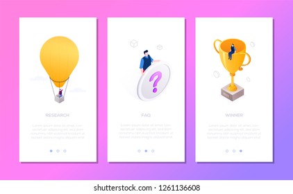 Business situations - set of isometric vector vertical web banners with copy space for text. Templates with businessman on hot air balloon, prize, with question mark sign. Research, FAQ, winner theme