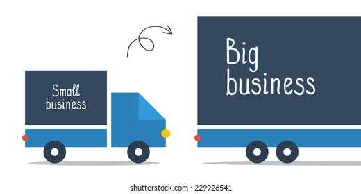 Business size comparison or enlargement. Truck delivery service, logistics transportation company