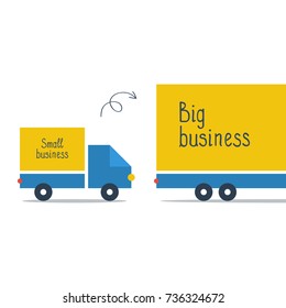 Business size comparison or enlargement. Truck delivery service, logistics transportation company vector illustration