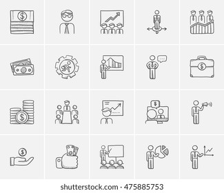 Business sketch icon set for web, mobile and infographics. Hand drawn business icon set. Business vector icon set. Business icon set isolated on white background.