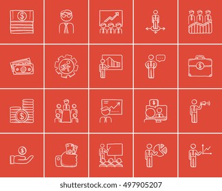 Business sketch icon set for web, mobile and infographics. Hand drawn business icon set. Business vector icon set. Business icon set isolated on red background.