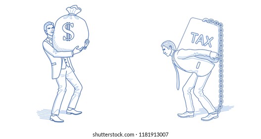 Business sketch. Wealth concept. Businessman with money bag and carrying tax weight. Hand drawn cartoon characters. Vector illustration. 