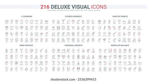 Business skill growth, sport workout, education, mind process and thinking line icon set. Healthy food and daily routine, stress and balance thin black and red outline symbols vector illustration