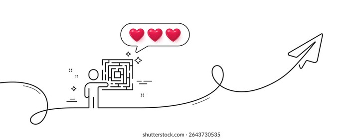 Business skill line icon. Continuous line with share plane. Person with maze sign. Solution labyrinth symbol. Hearts rate review in speech bubble. Business skill single line ribbon. Vector
