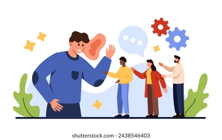 Business skill to listen to opinions, suggestions and advices. Big boss or manager with giant ear hearing voice of tiny employees on meeting, manager talking with customers cartoon vector illustration