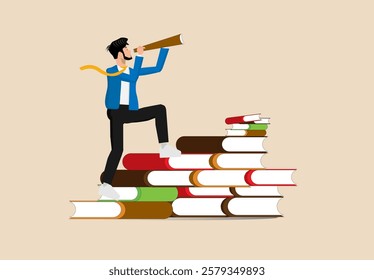 Business skills for career opportunities, knowledge or education for future work, businessman climbing stairs on stack of books for good vision, challenge and personal improvement, reading list concep