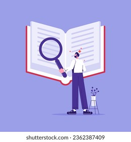 Business skills for career opportunity, knowledge or education for job, concept of education, knowledge, research. Man reads open book with magnifier