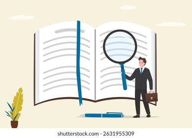 Business skills for career opportunity, knowledge or education for job, education, knowledge, research. Smart businessman or student reads open book with magnifying glass. flat vector illustration
