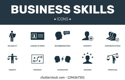 Business Skills set icons collection. Includes simple elements such as Integrity, Corporate Ethic, Altercation and Strategy premium icons.