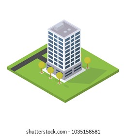 Business skyscraper building. Isometric view style vector illustration. Tree and road. Trendy isometric vector.