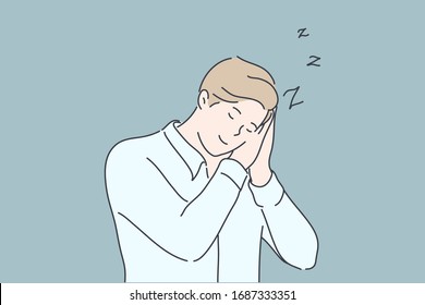 Business, sleep, fatigue, insomnia concept. Young tired businessman or boy has fatigue, sleep on workplace while standing in dreaming pose. Overworking and insomnia. Relaxation. Simple flat vector