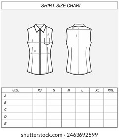 Business sleeveless shirt size chart. Classic wear front back. Clothing measurements. Women CAD mockup. Technical drawing template Vector illustration